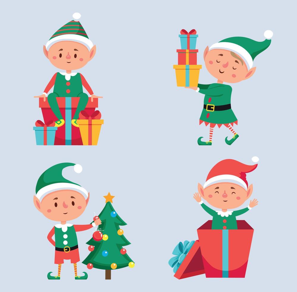 Navidad duende personaje con árbol y regalo caja vector