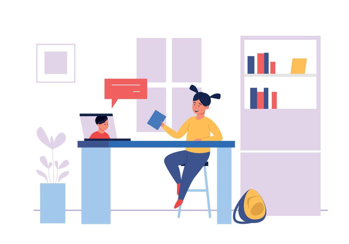 Remote lessons. Vector online education concept with students. Cartoon girl sitting at desk with laptop at home room