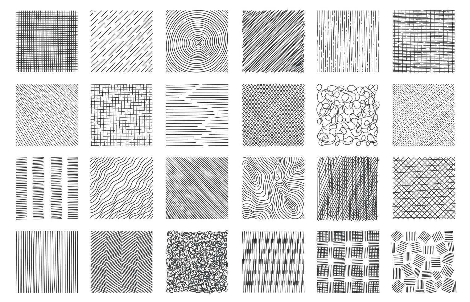 Hand drawn hatching. Hatched squaresdrawing technic, geometric shapes crosshatch strokes, simple doodle sketch design elements. Vector isolated set