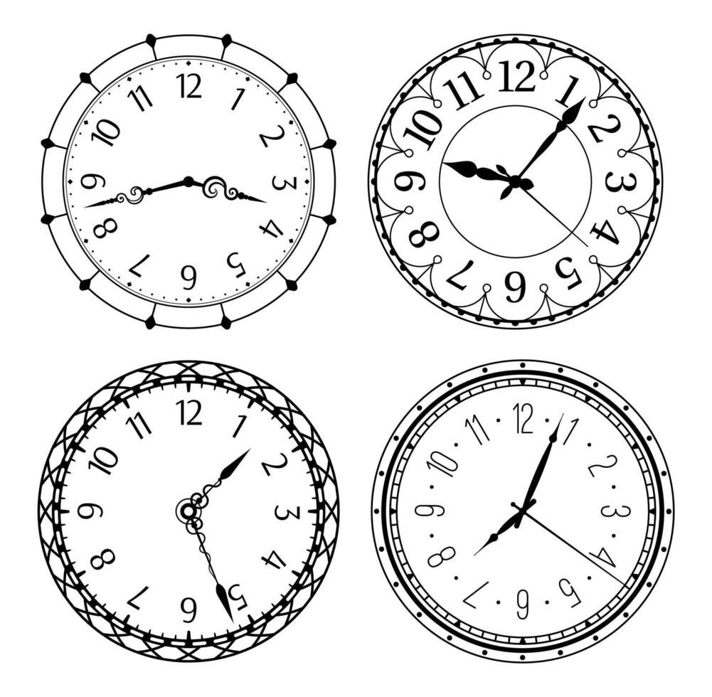 Antique clocks with arabic numerals. Classic and vintage round designs with numbers and hands isolated vector set