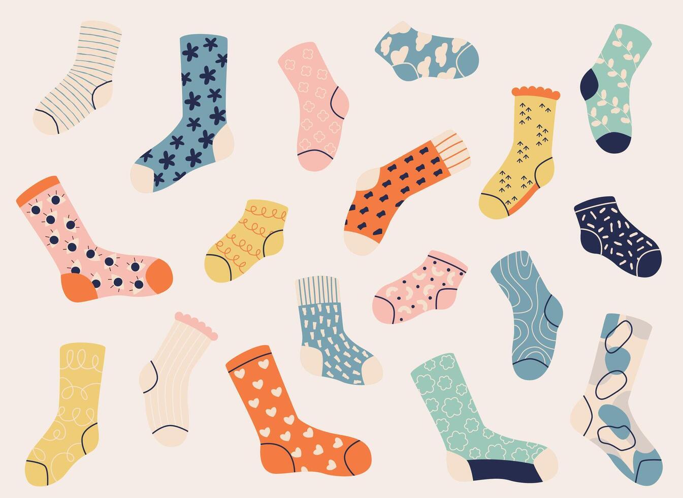 Socks collection. Warm winter woolen foot wear, funny fashion knitted cotton dotted socks, trendy fashion doodle textile foot wear. Vector isolated set