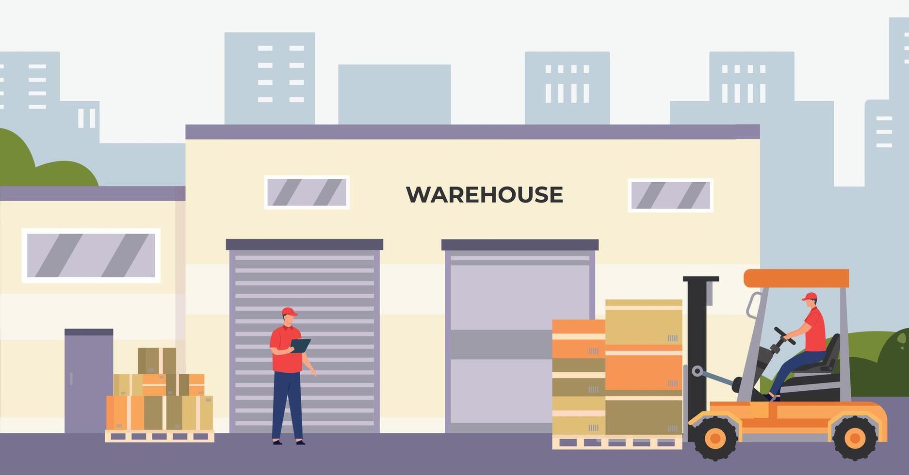 Warehouse workers and equipment, worker with box illustration vector