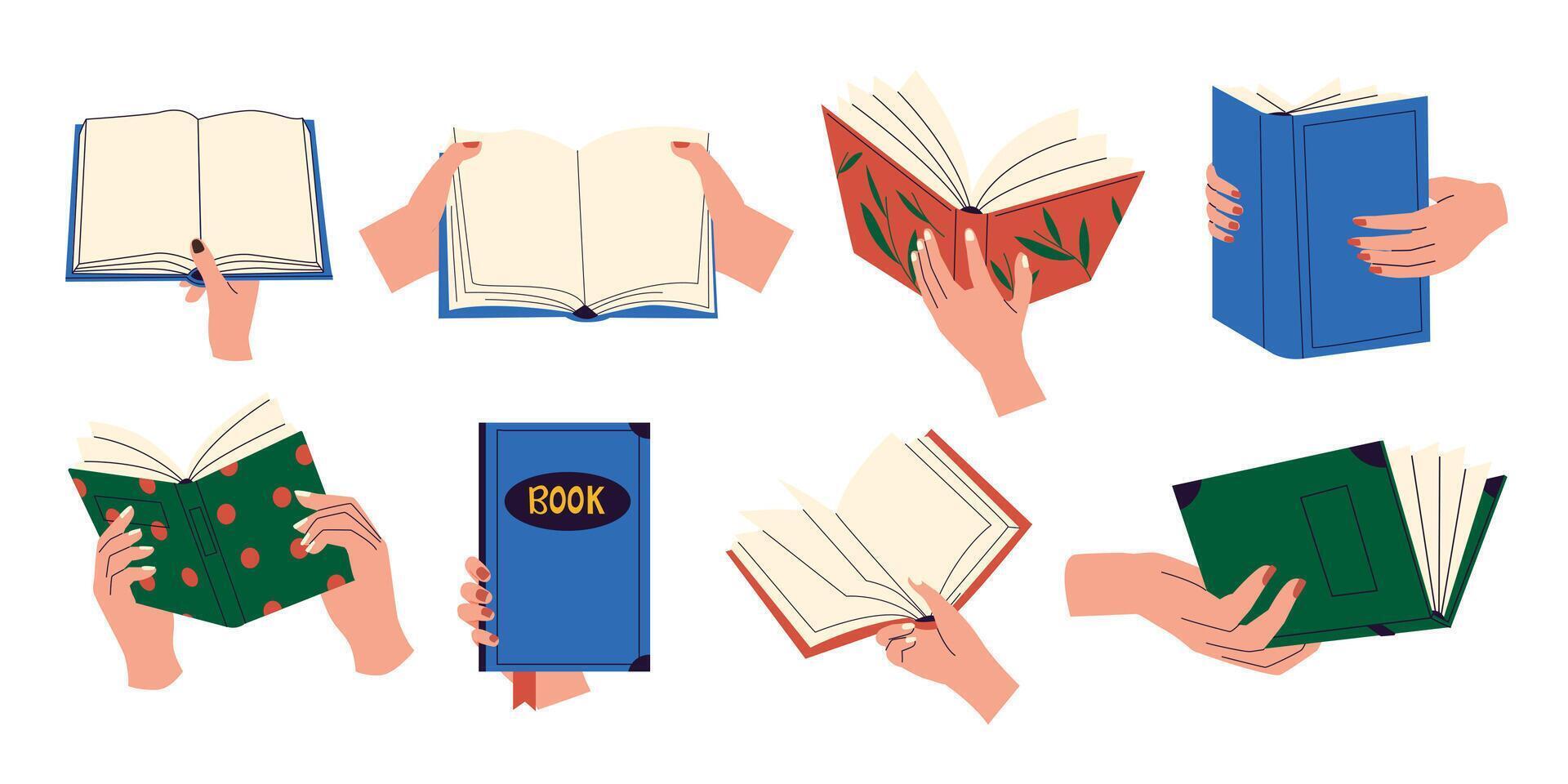 Hands holding books. Group of people reading together, education and learning concept. Vector illustration of people reading and sharing