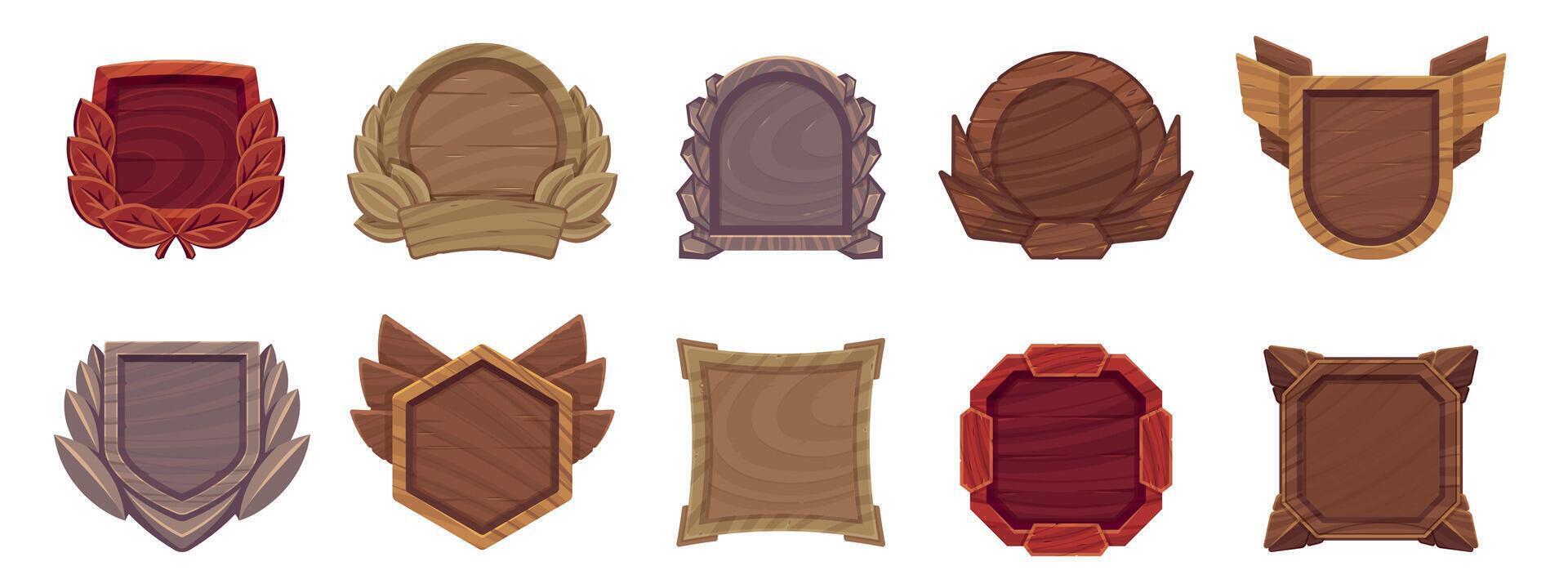 Wooden game level frame. Medieval wood avatar border, rating badges achievement menu panel, cartoon bordering decor for rpg. Vector isolated set