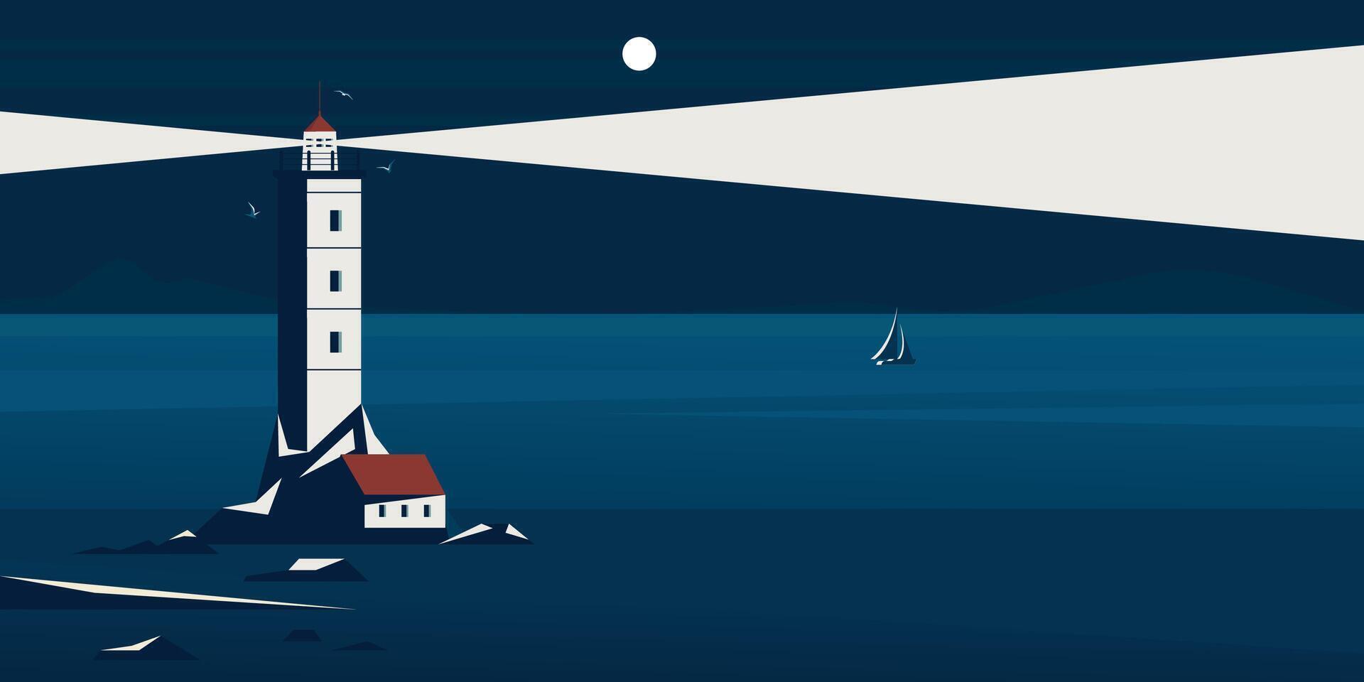 Night lighthouse landscape. Cartoon lighthouse with searchlight beam stylized minimal background, sea nautical maritime navigation beacon vector