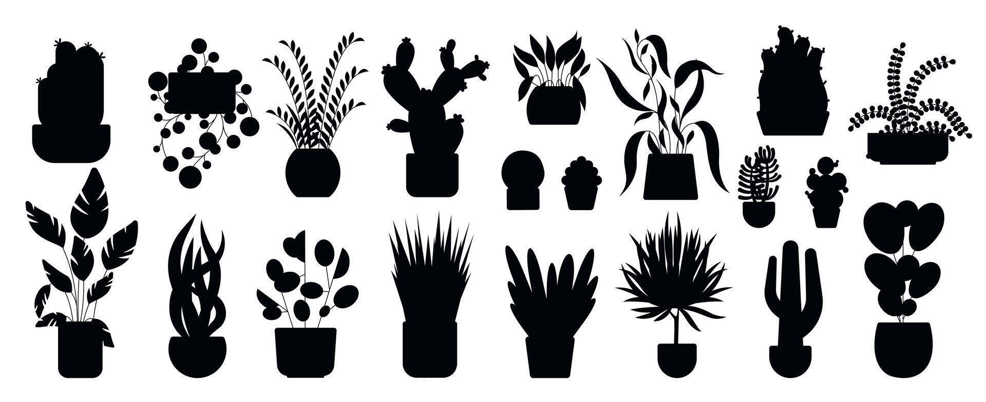 Houseplant silhouettes. Flowerpot garden icons, indoor plants growing in pots, leafy botanical decors for office decoration. Vector set