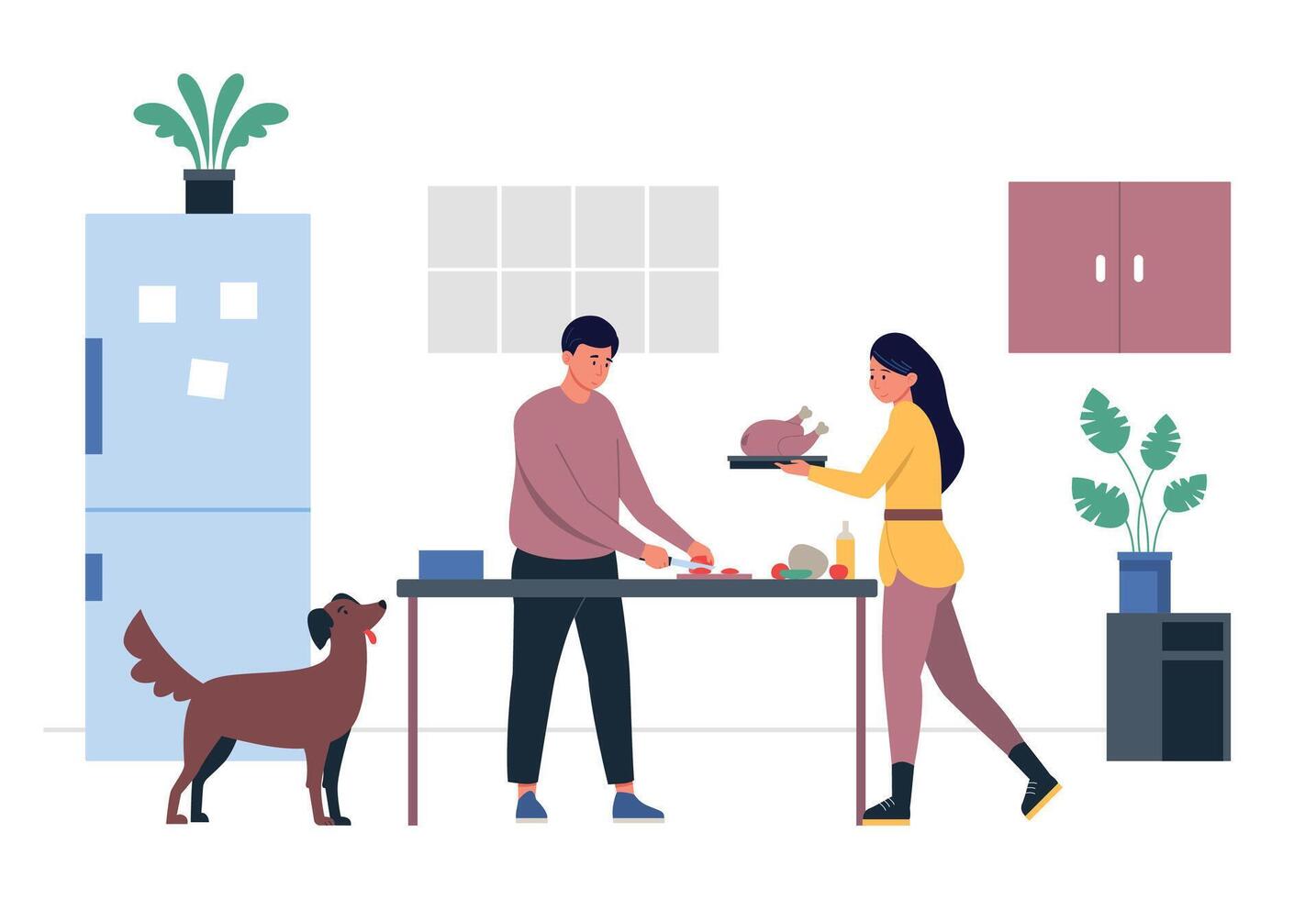 People cooking dinner in kitchen. Man cutting vegetables, woman carrying chicken. Couple preparing food together vector