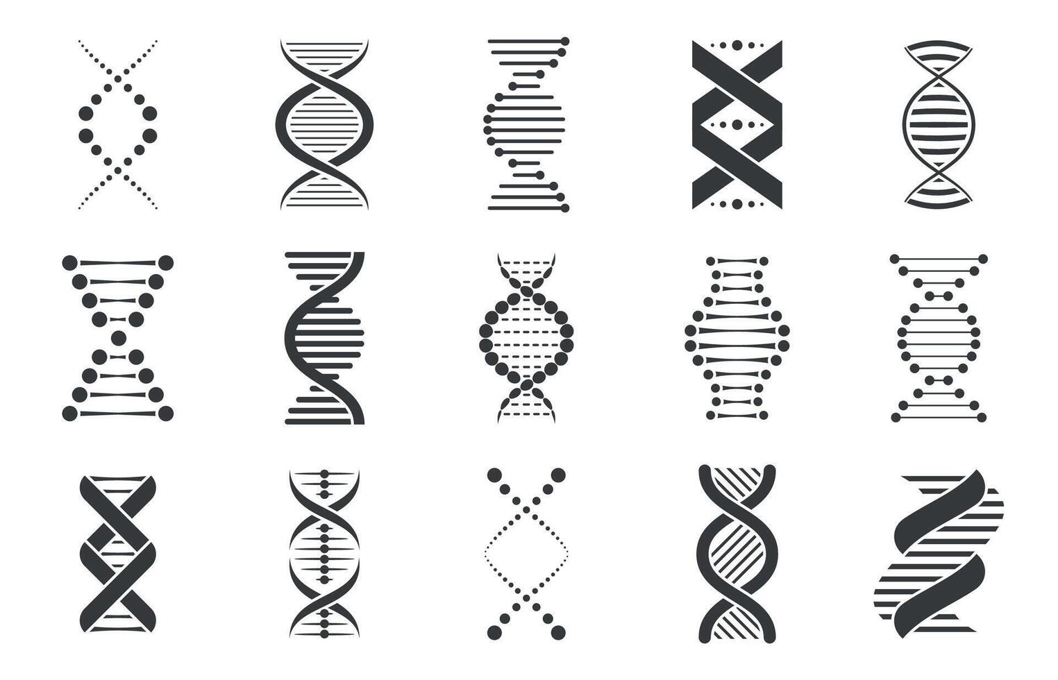 Black dna icons. Biotechnology and molecular biology abstract symbols, spiral genetic molecule sequence code for pharmacy and healthcare. Vector set