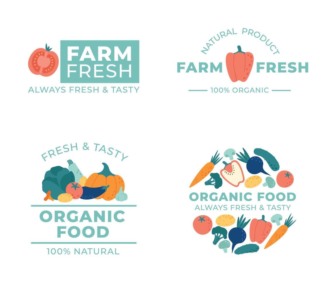 Organic food logotype. Package label with vegetables for fresh and tasty natural products. Pumpkin, eggplant vector