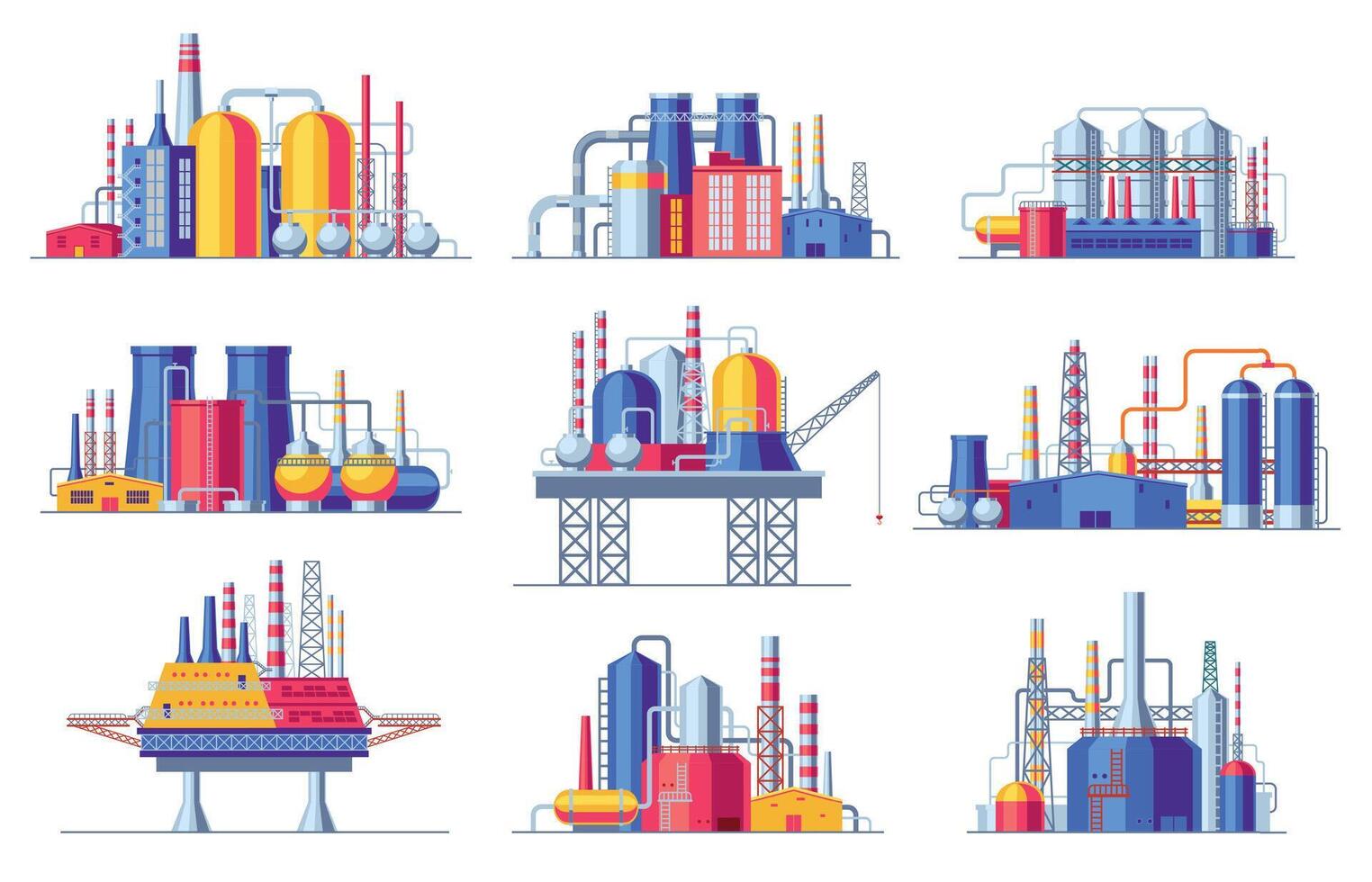 Oil industry constructions set. Petrochemical industrial buildings oil refinery factory icons, coal mining processing manufacturing objects. Vector collection