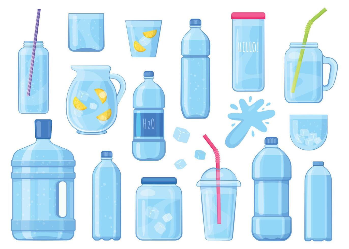 Cartoon water package set. Glass bottles and plastic containers with cold water, beverage natural element. Vector isolated collection