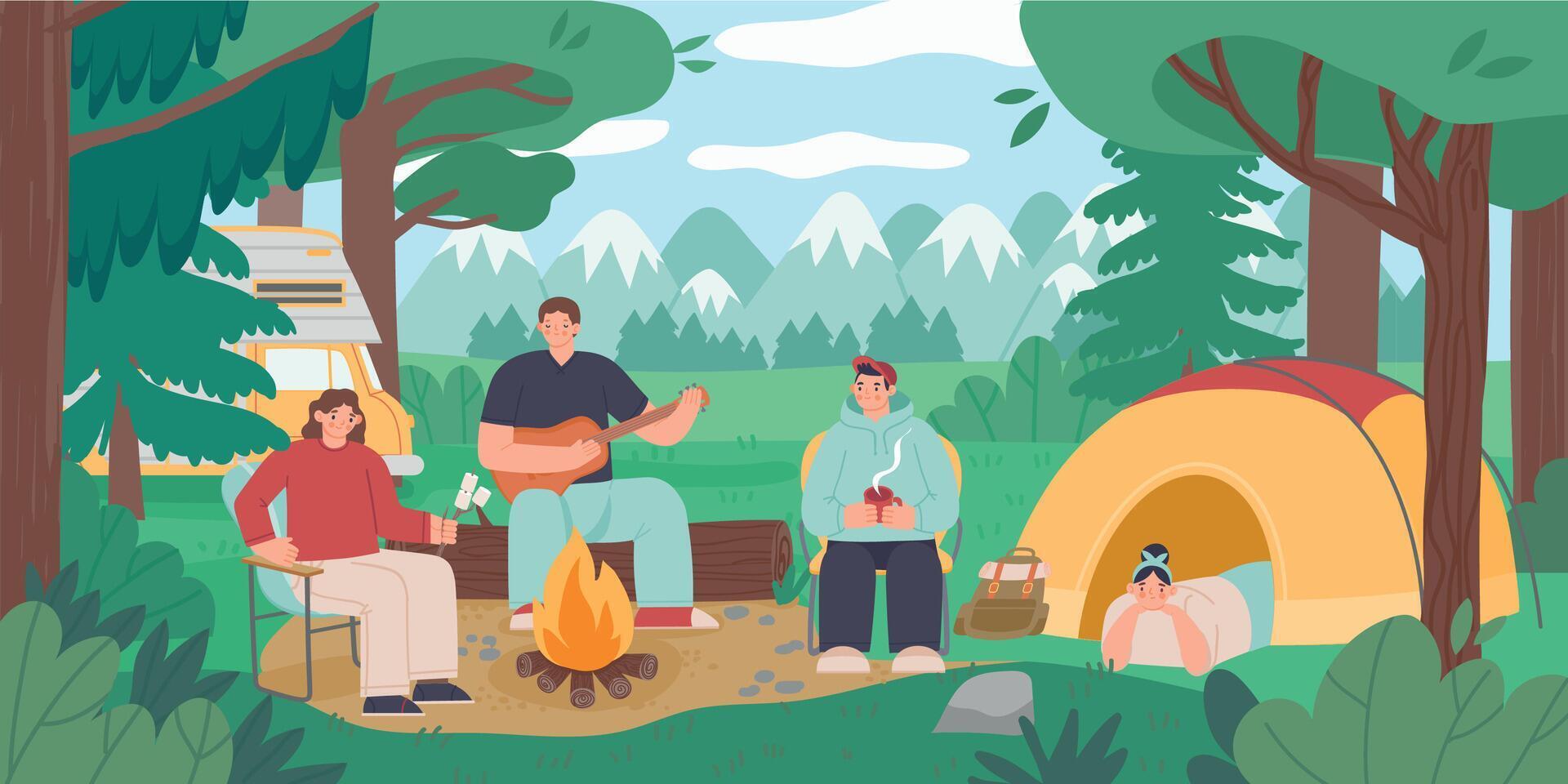 cámping personas paisaje. turista personas sentado alrededor hoguera en naturaleza, activo vacaciones escena. vector ilustración