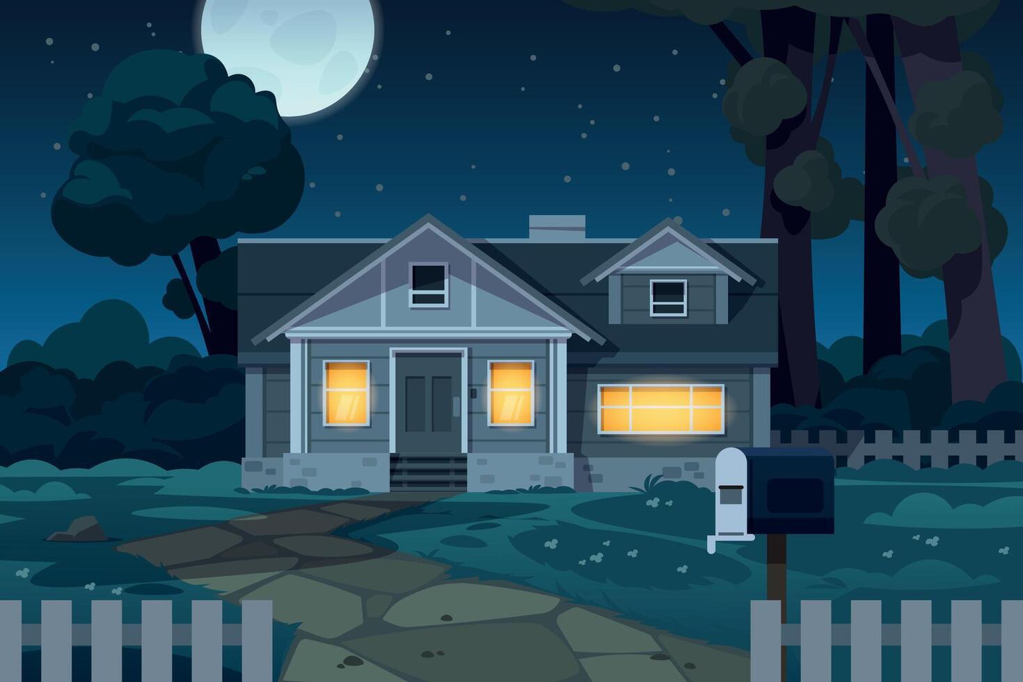 Country house night. Cartoon cottage landscape scene at night, neighborhood street with house front exterior. Vector late evening background