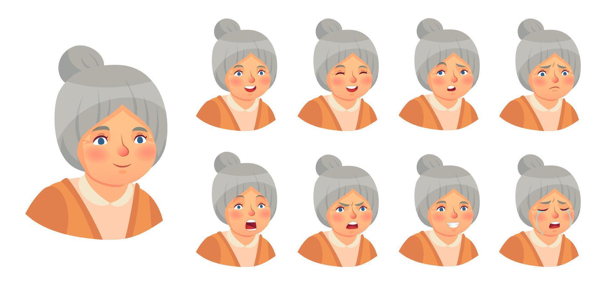 abuela emociones colocar. vector mujer dama expresión