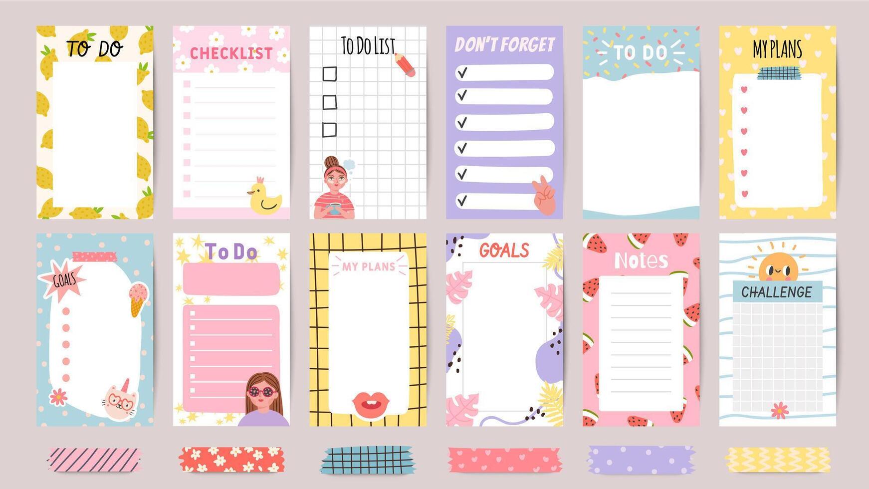 Planner list notes. Weekly to do lists and daily schedule with stickers and cute patterns. Checklist for goals and plans template vector set