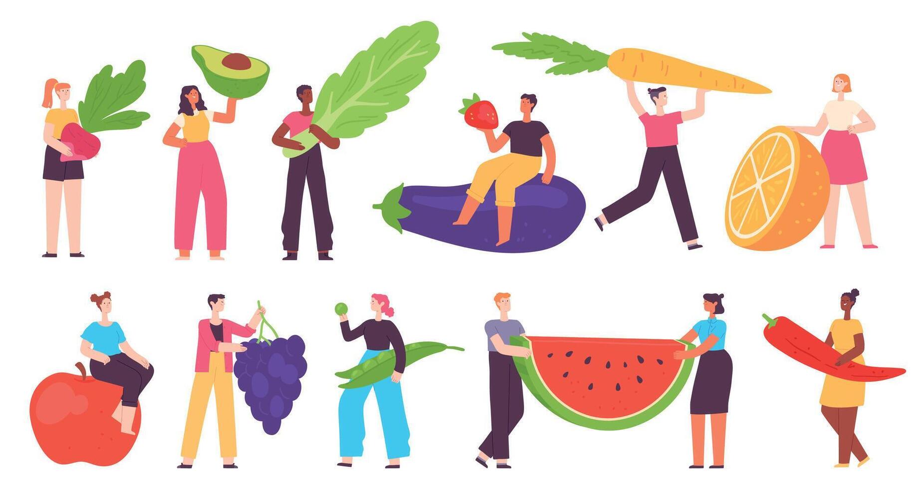 minúsculo personas con sano alimento. hombre y mujer llevar vegetal y fruta. orgánico Fresco granja vegano producto. dibujos animados vegetariano dieta vector conjunto