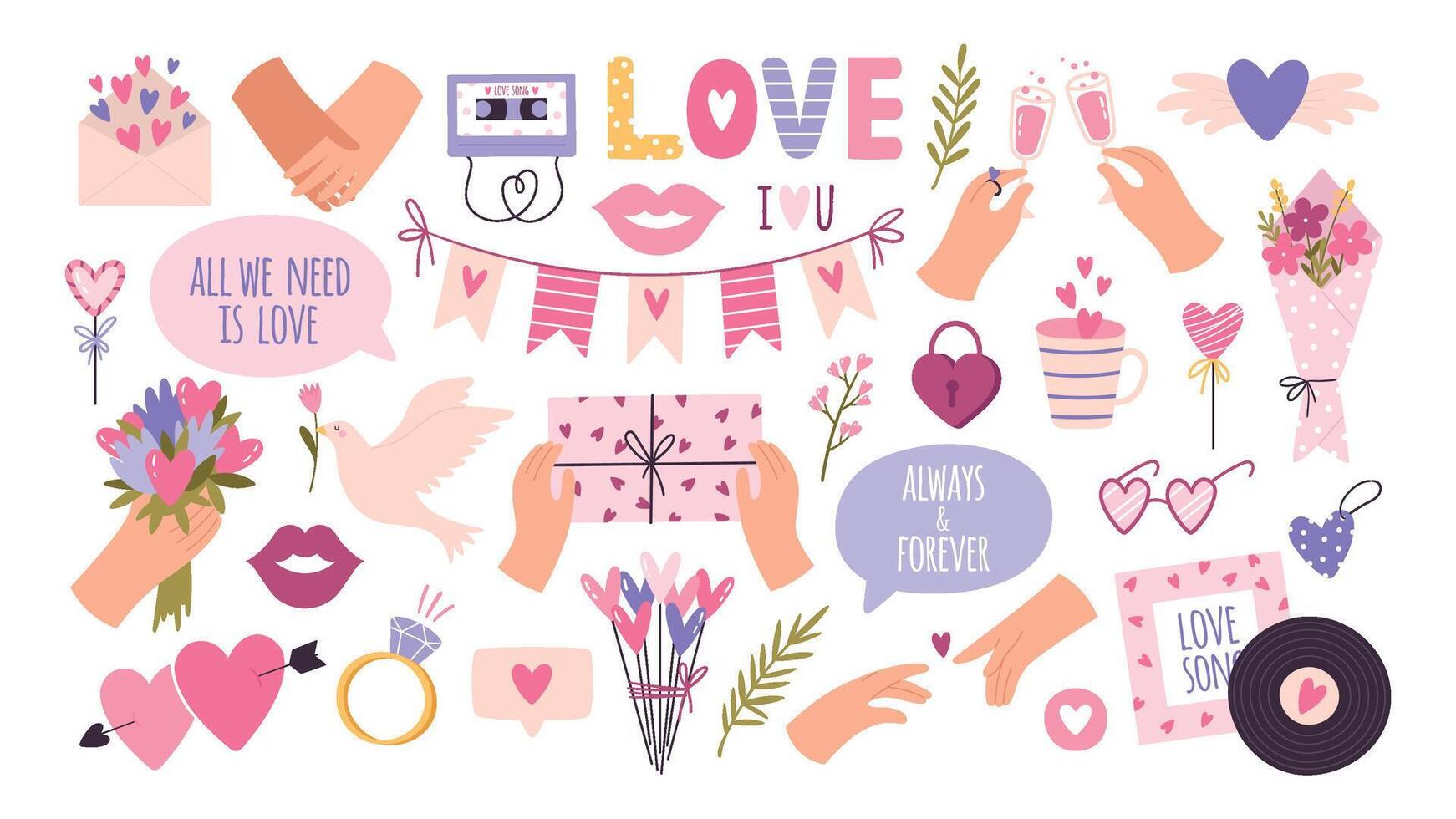 Cartoon fashion love stickers and patches for valentine day. Heart balloon, hands of couple, lip kisses, dove and letter. Diary vector set