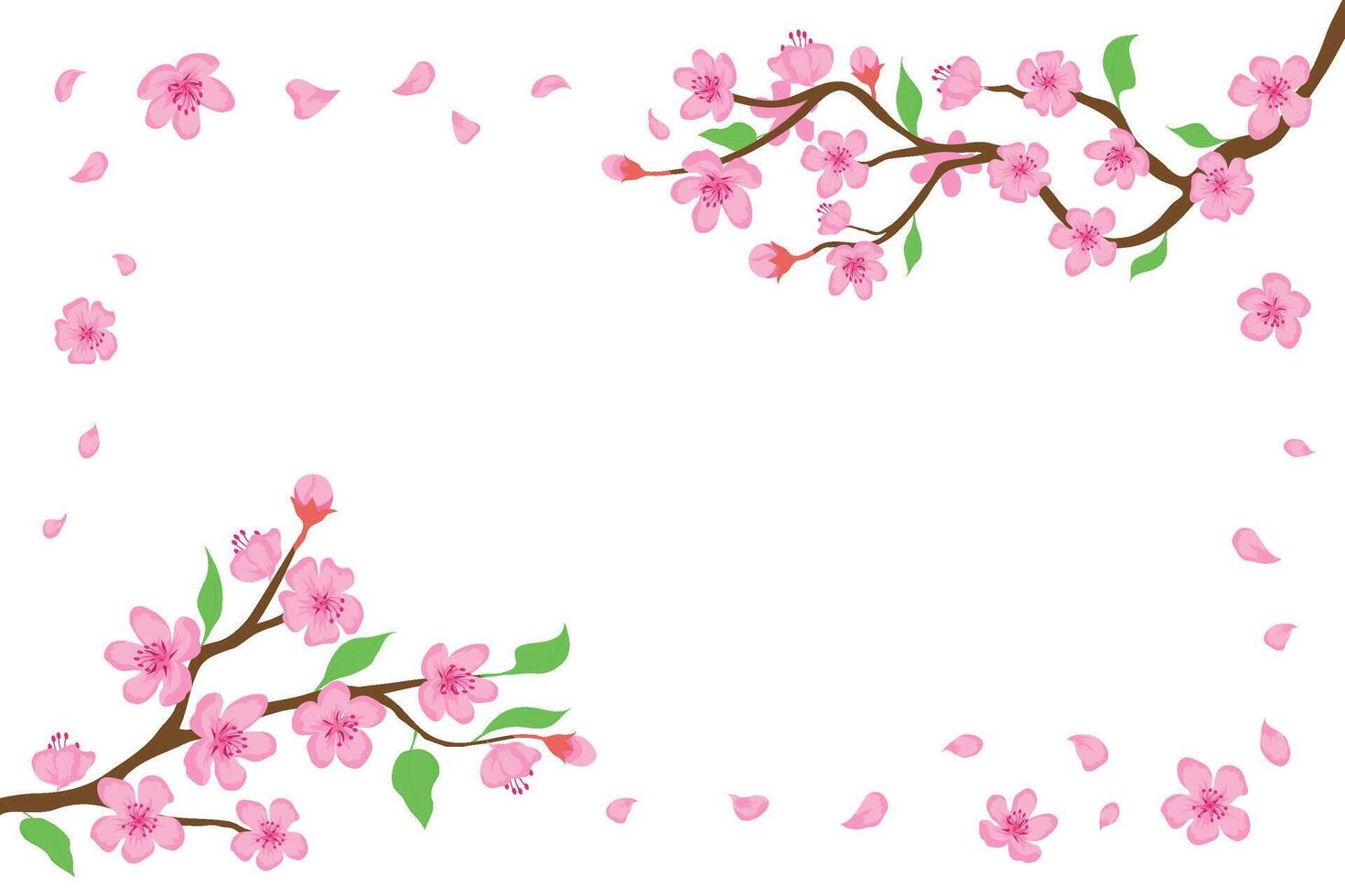 dibujos animados japonés Cereza florecer y que cae pétalos antecedentes. sakura ramas con rosado flores bandera floreciente primavera árbol vector marco