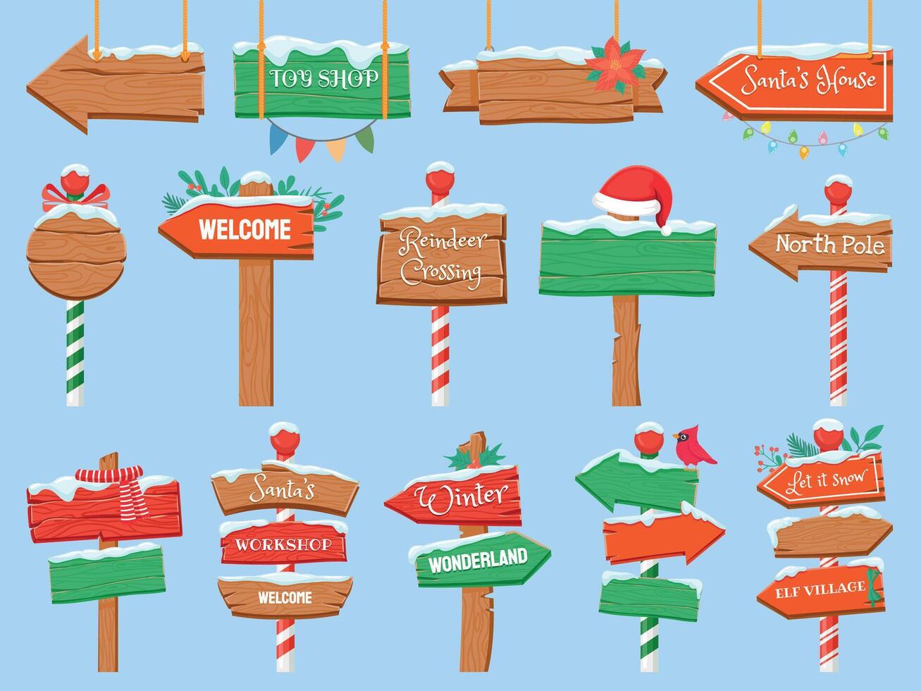 North pole signs. Christmas wooden street signboad with snow. Arrow signpost direction to Santa workshop. Winter holiday toy shop vector set
