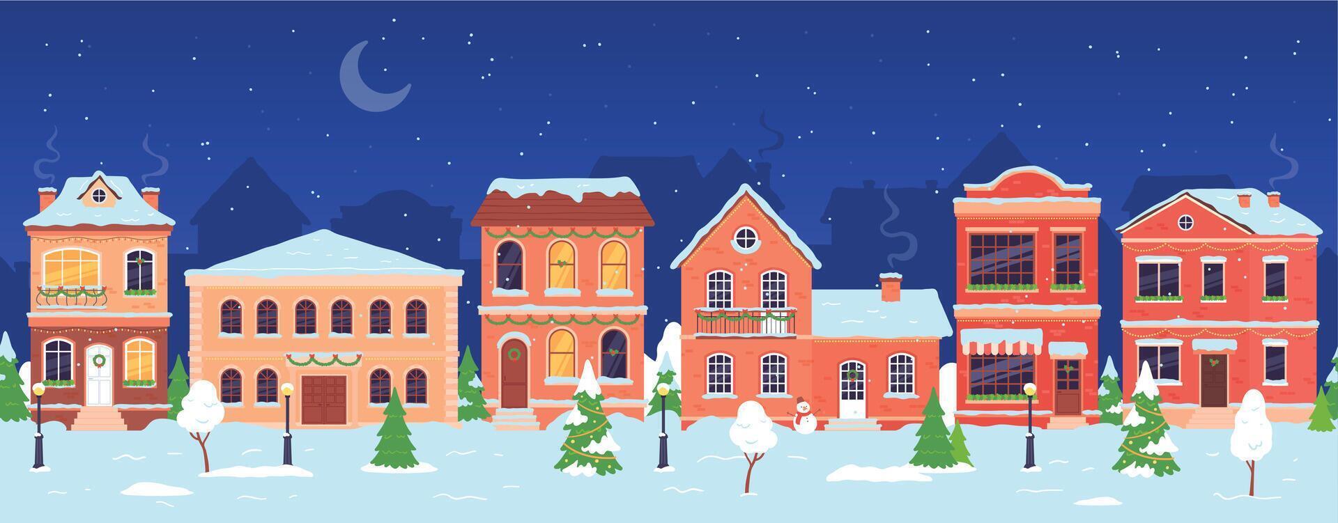 Christmas town. Night winter wonderland street with houses decorated for holidays and New year. Snow village seamless landscape vector scene