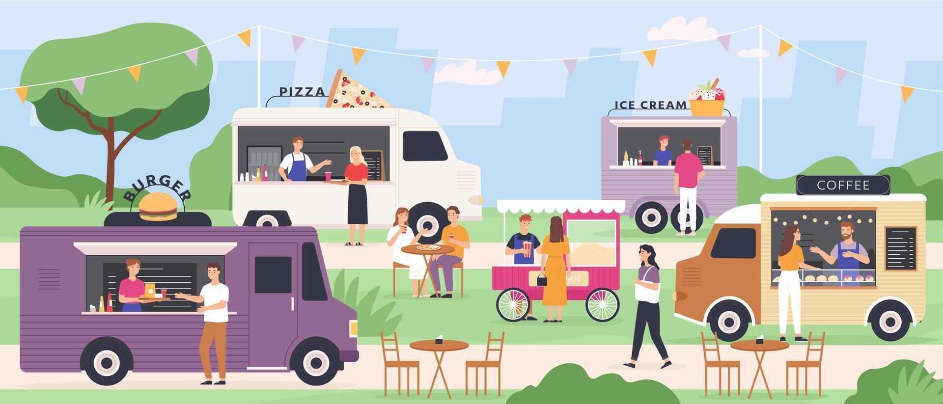 Street food festival. People eat at summer outdoor truck fair with fast foods, pizza and ice cream van, popcorn cart. Flat vector park event