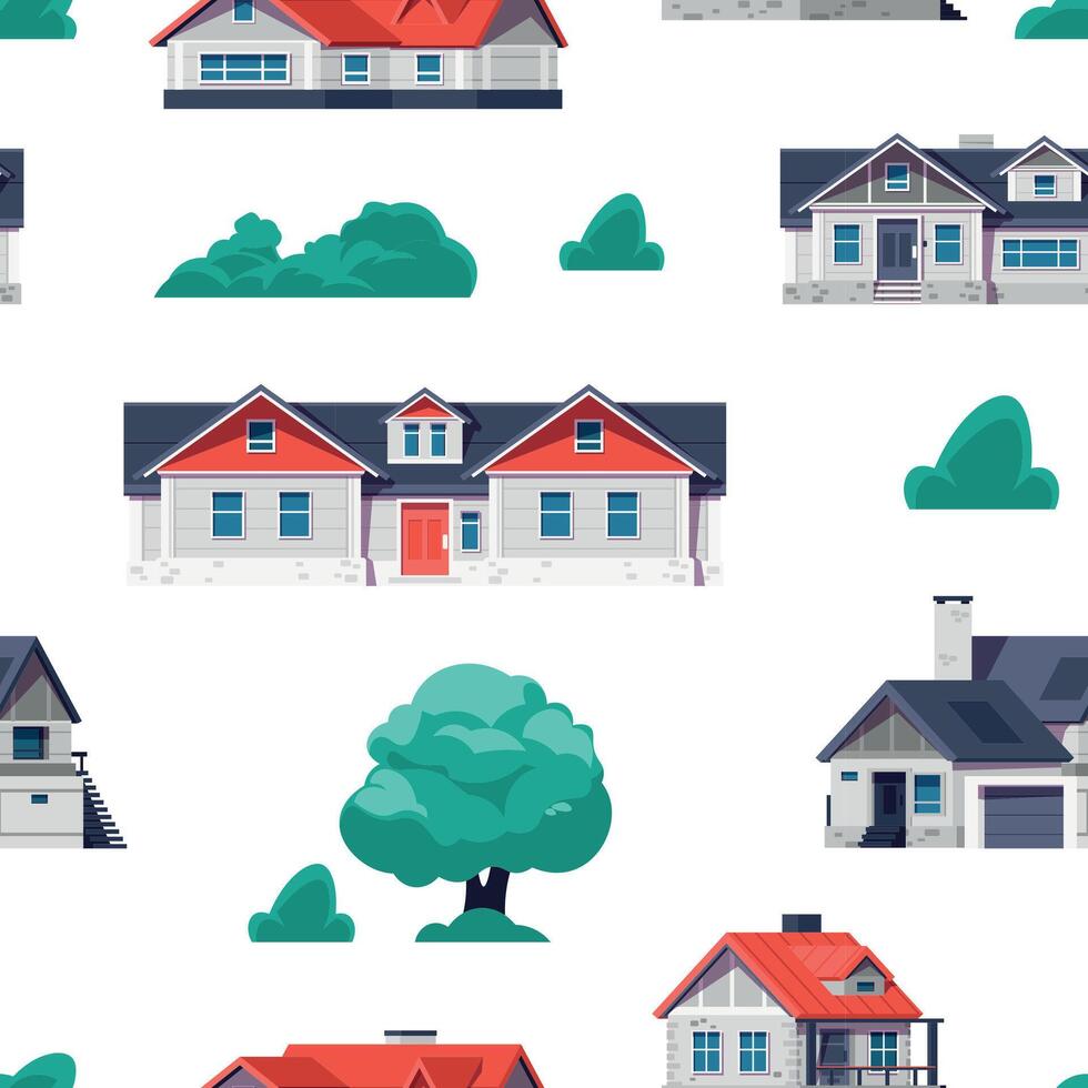 Cottage house pattern. Cartoon country building seamless print with town houses exterior. Vector rural texture