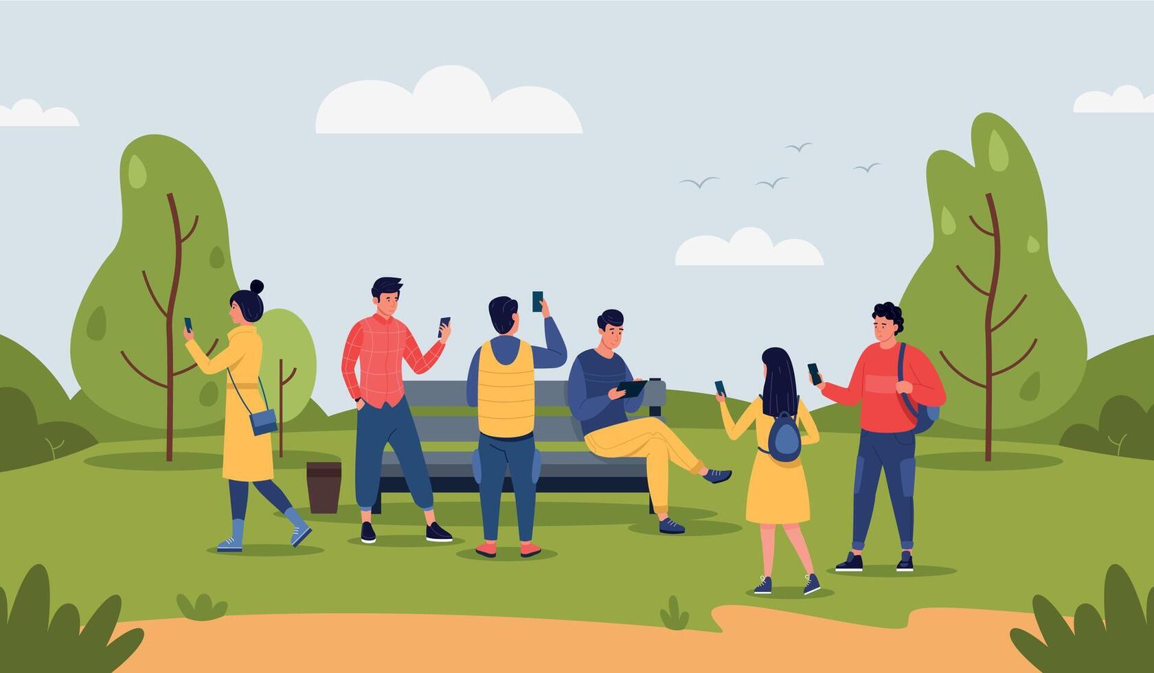 Phones user concept. Cartoon men and women characters together using phones. Vector communication illustration