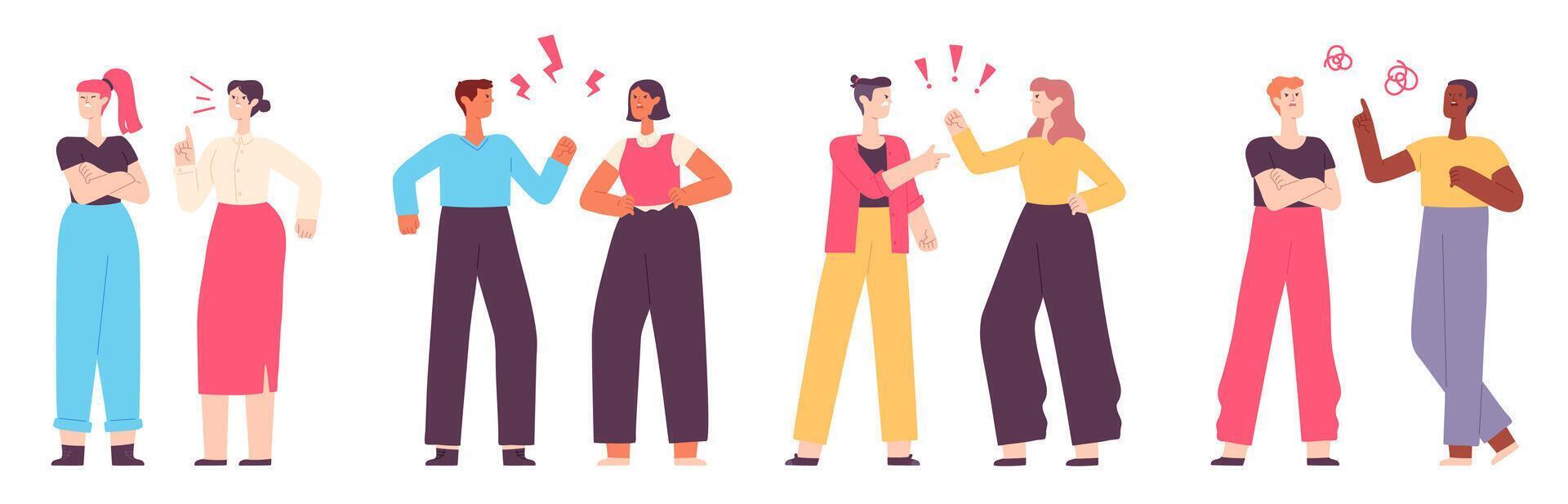 Angry people. Conflict or arguing between family, colleagues or couple. Aggressive man and woman quarrel. Parent scolds teenager vector set