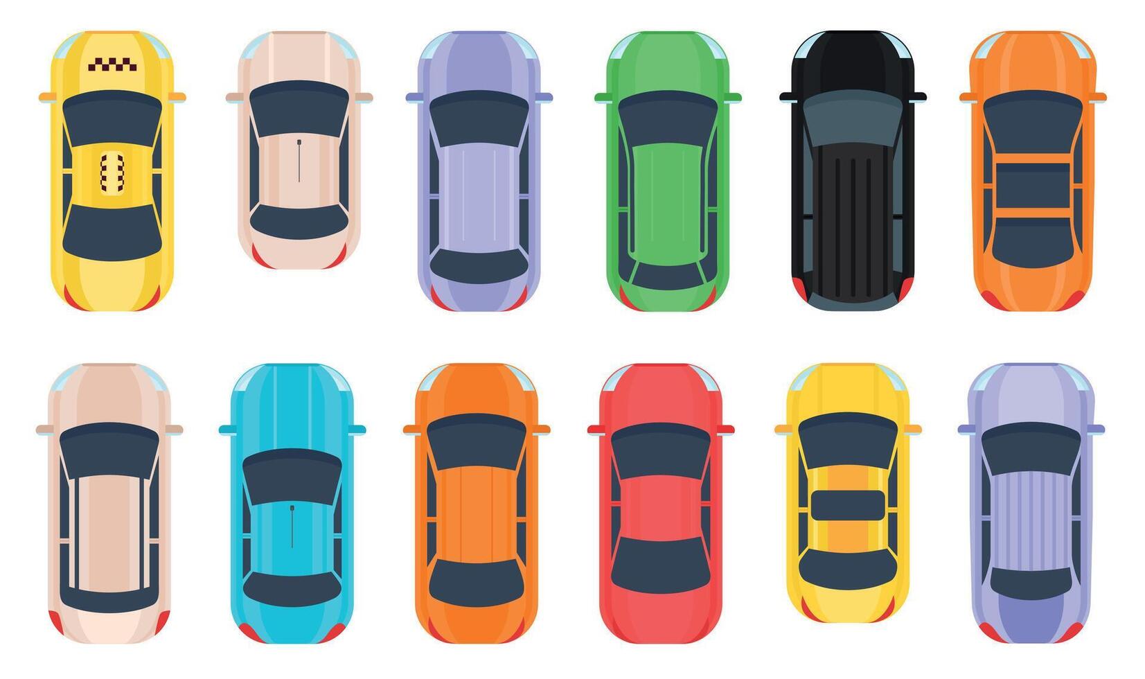 Flat vehicle, auto transport, cars top view. Cartoon taxi, jeep and mini van from above. Modern automobile car. City road traffic vector set