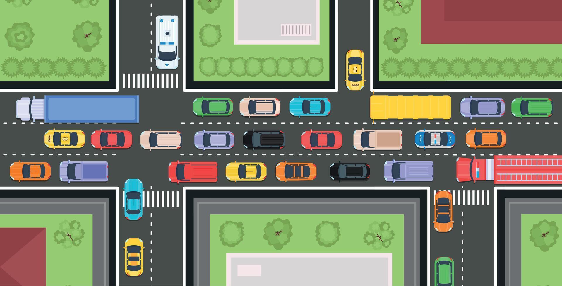 City road top view with cars traffic and buildings. Street with transport jam, urban highway map with vehicles. City vector infrastructure