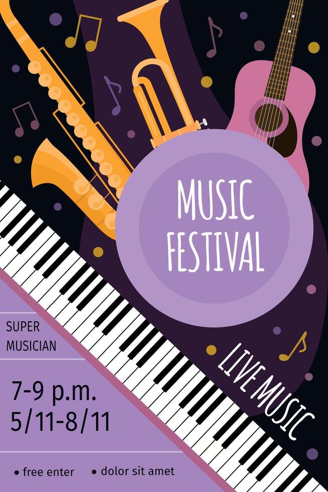 Live music festival event poster with guitar, saxophone and keyboards. Concert flyer flat design with musical instruments vector template