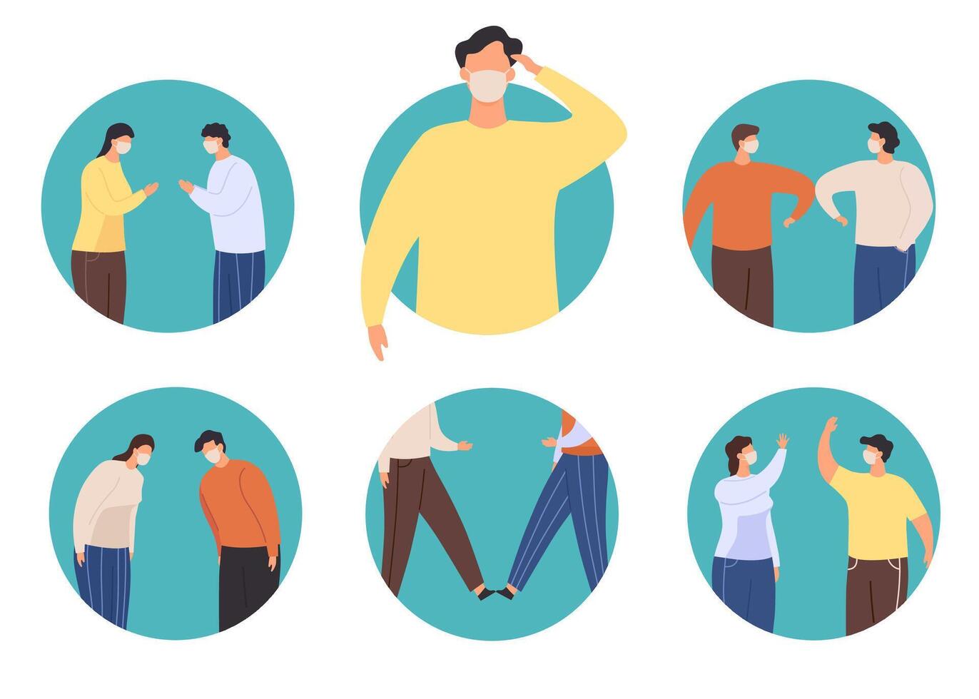 Non-contact greeting icon. New normal greet to stop virus, alternative to handshake namaste, elbow and feet bump, wawing and bow vector set