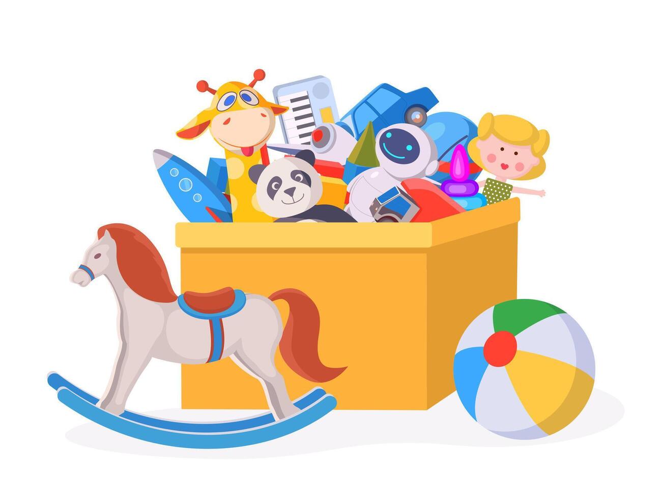 Kids toy box. Cartoon children play container with doll, ball, stuff animals, car and horse. Boys and girls kindergarten toys vector concept