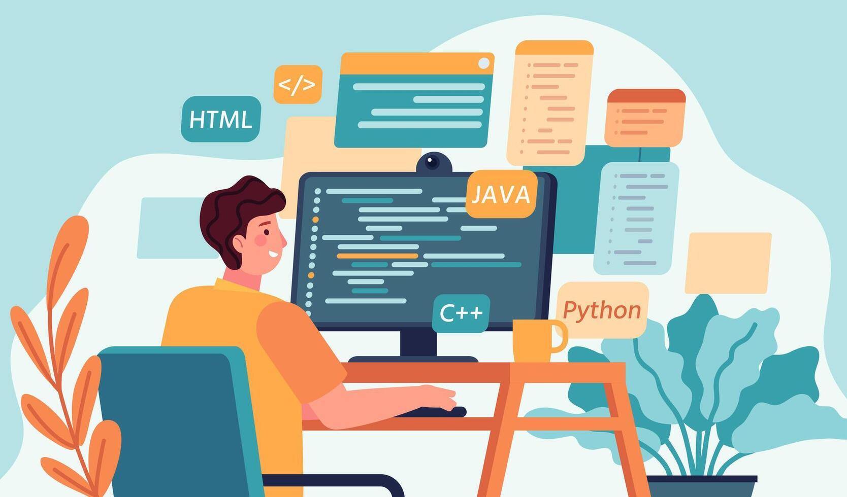 programador laboral. programa o web desarrollador codificación en computadora. pantalla con código, guión y abierto ventanas descifrador ingeniero vector concepto