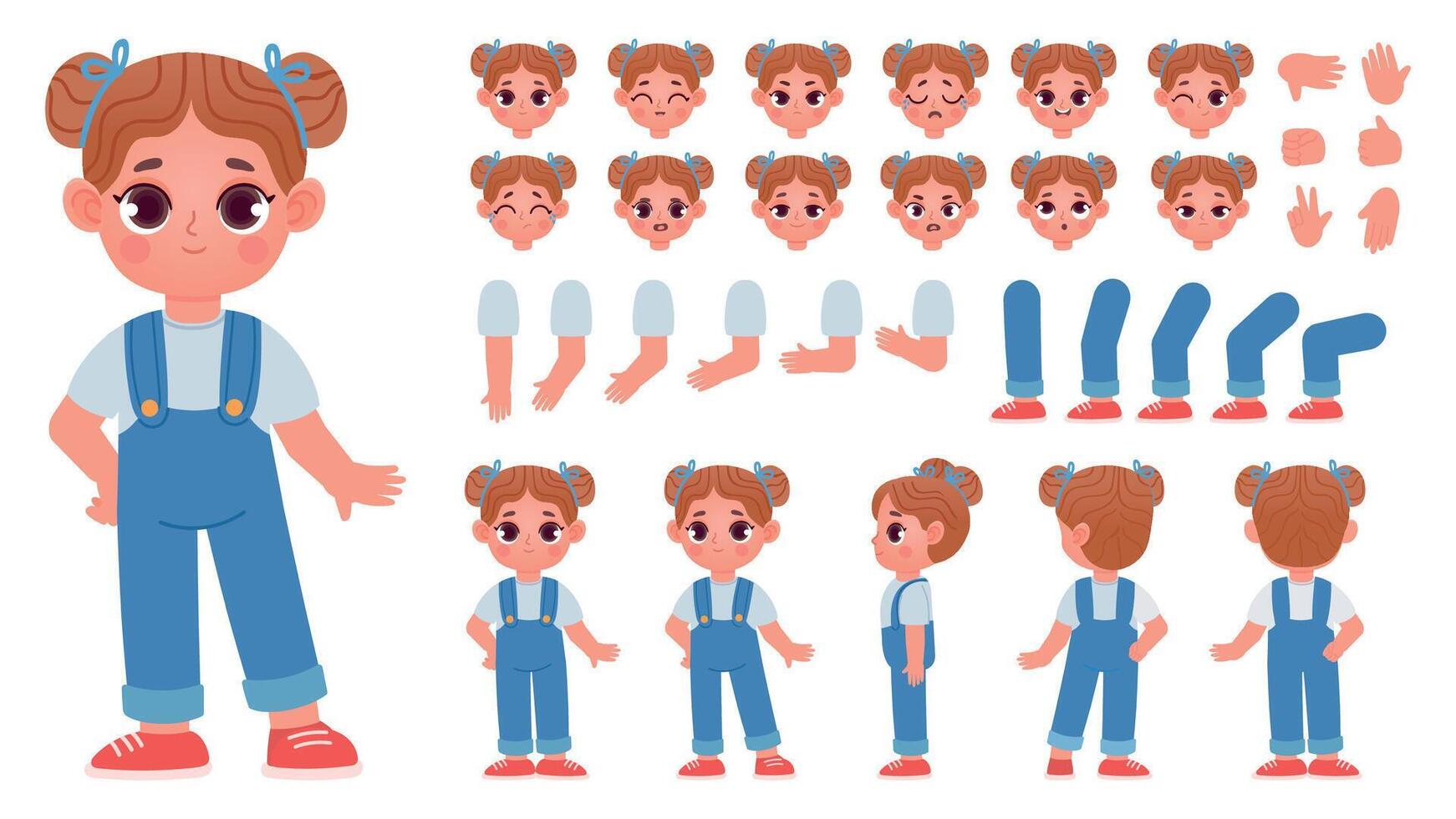 dibujos animados pequeño niña personaje constructor con gestos y emociones niño mascota lado y frente vista, cuerpo partes para animación vector conjunto