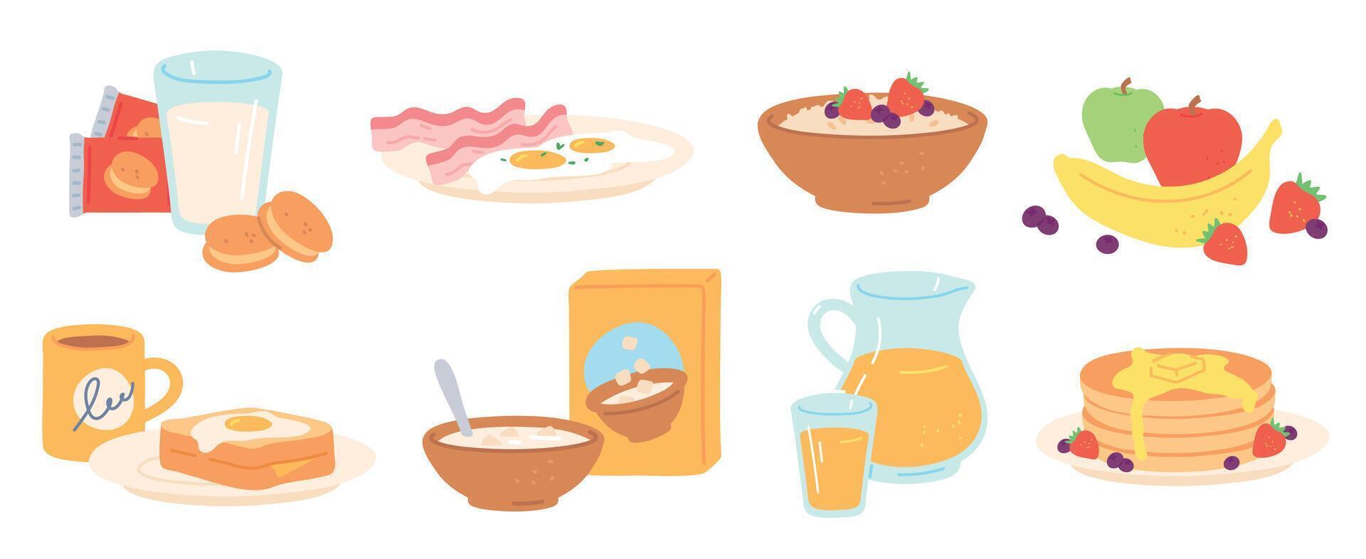 Breakfast meal. Morning lunch drink and food healthy fruit, eggs and bacon, bread, porridge, cereal and milk, pancakes. Luncheon vector set