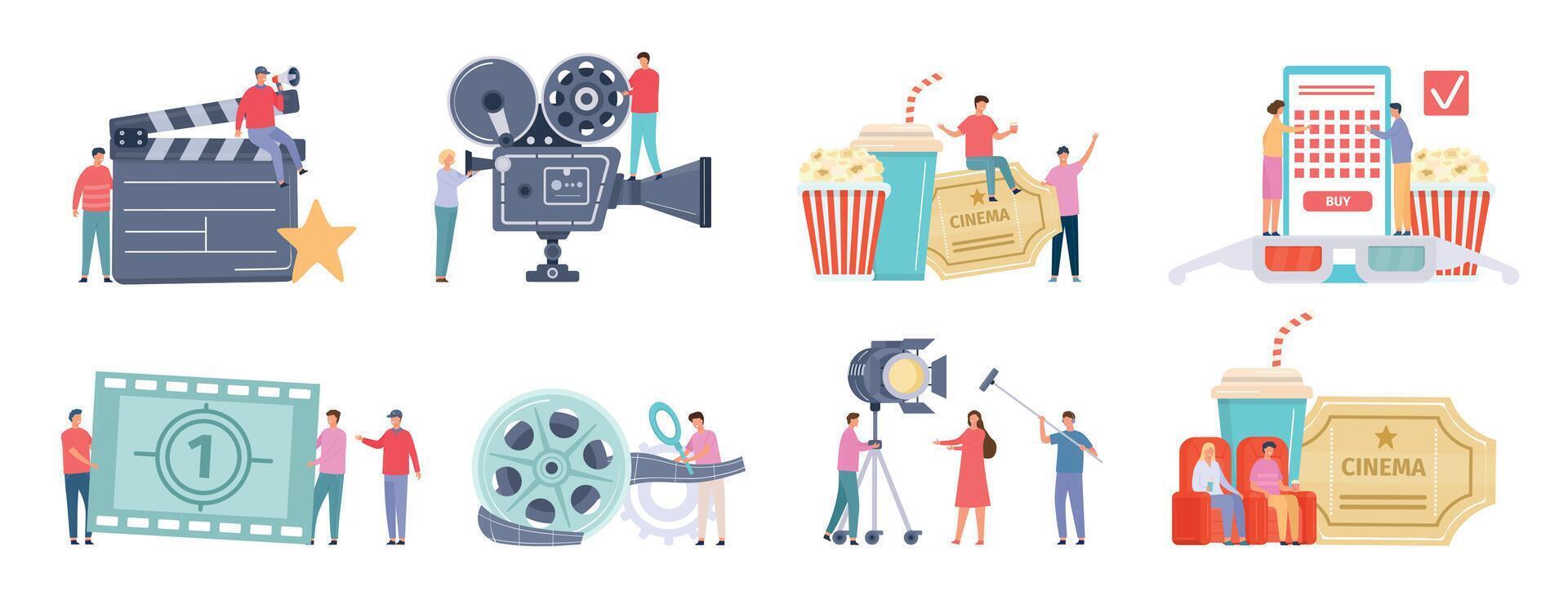 Flat tiny characters recording, making and watching movies. Film director, shooting crew, people at cinema. Movie production team vector set