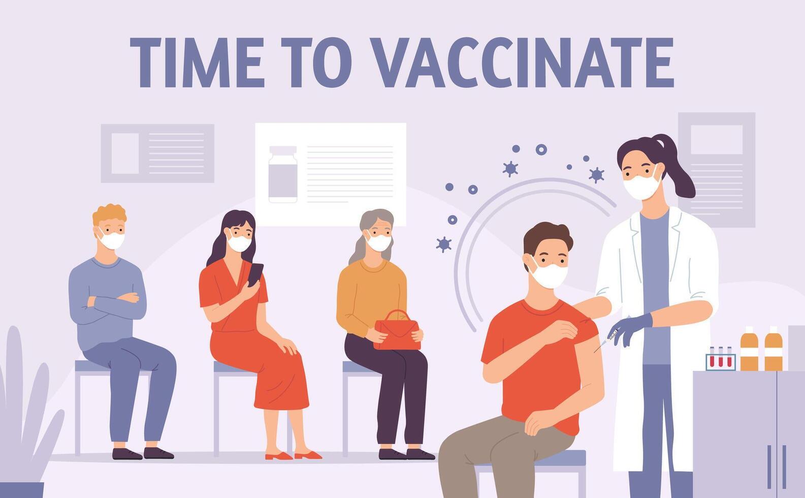 médico vacunar gente. paciente obtiene vacuna Disparo en hospital. medicina para inmunización. COVID-19, gripe o virus prevención vector concepto