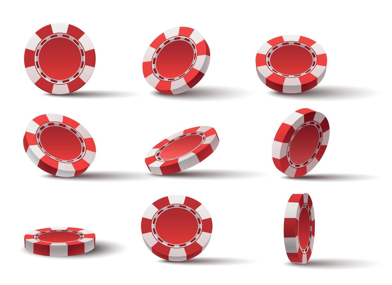 Realistic 3d flying red casino poker game chips. Gambling plastic coins. Jackpot chip tokens for roulette. Vegas pokerchips flip vector set