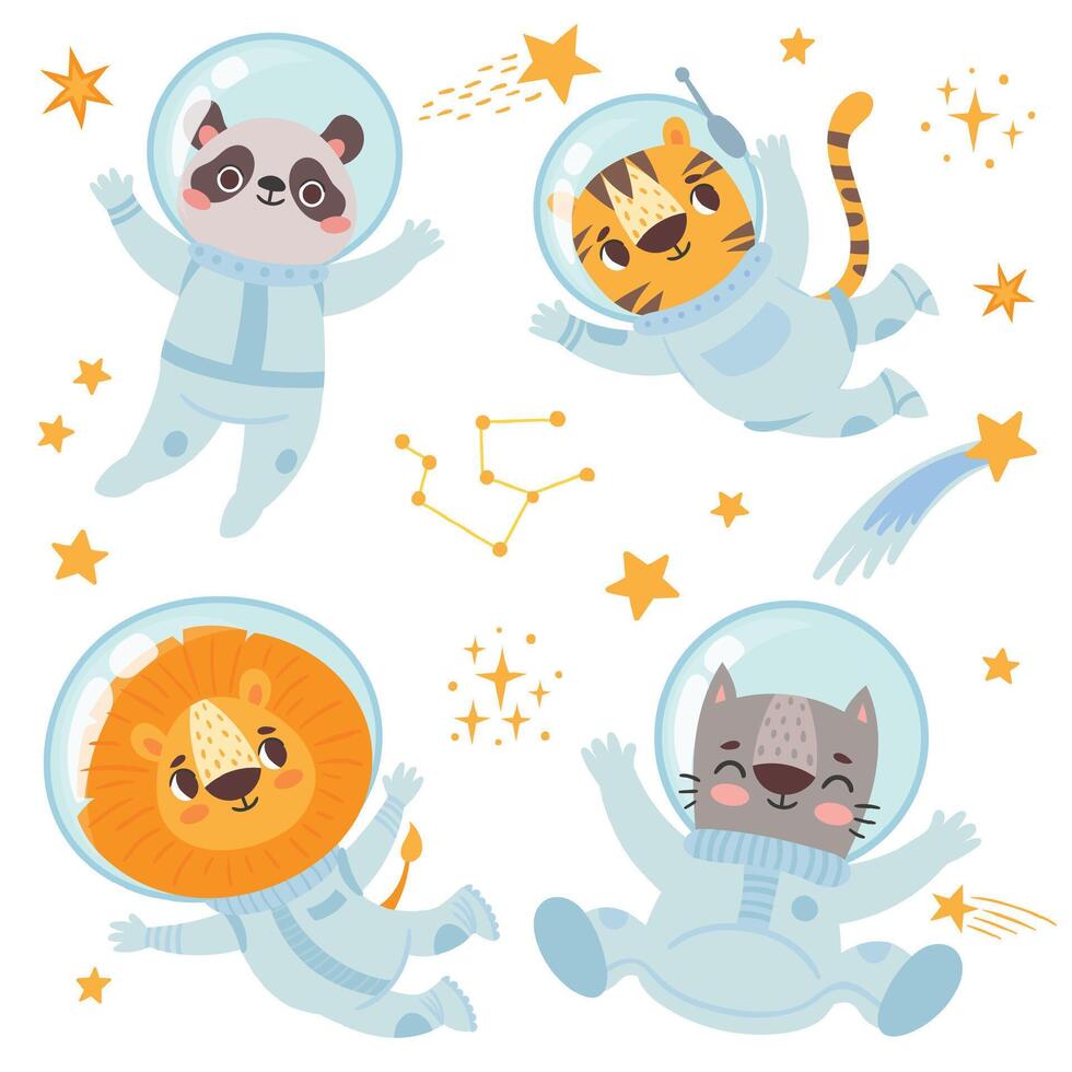 animales astronautas, panda y león, gato y Tigre vector