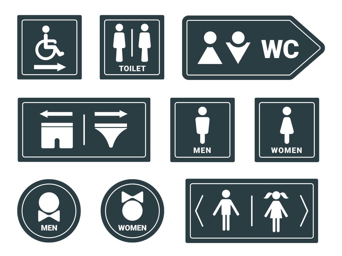 Man and woman wc, bathroom or restroom sign with arrows. Disabled person wc icon. Toilet design with underpants, gender pictogram vector set