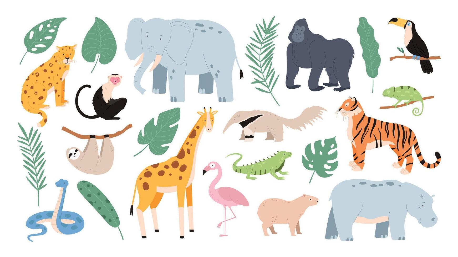 plano tropical animales desde africano sabana y selva bosque. dibujos animados tigre, mono, flamenco, elefante y ranura. safari animal vector conjunto