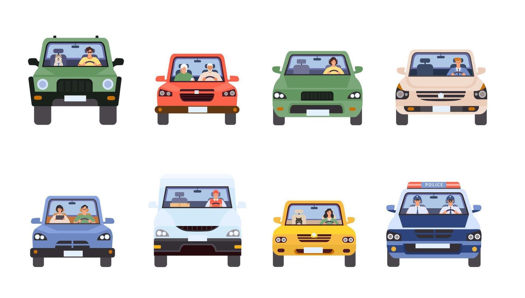 People in cars front view. Man and woman driving, delivery service, police in car and old couple. Drivers in flat minimal style vector set