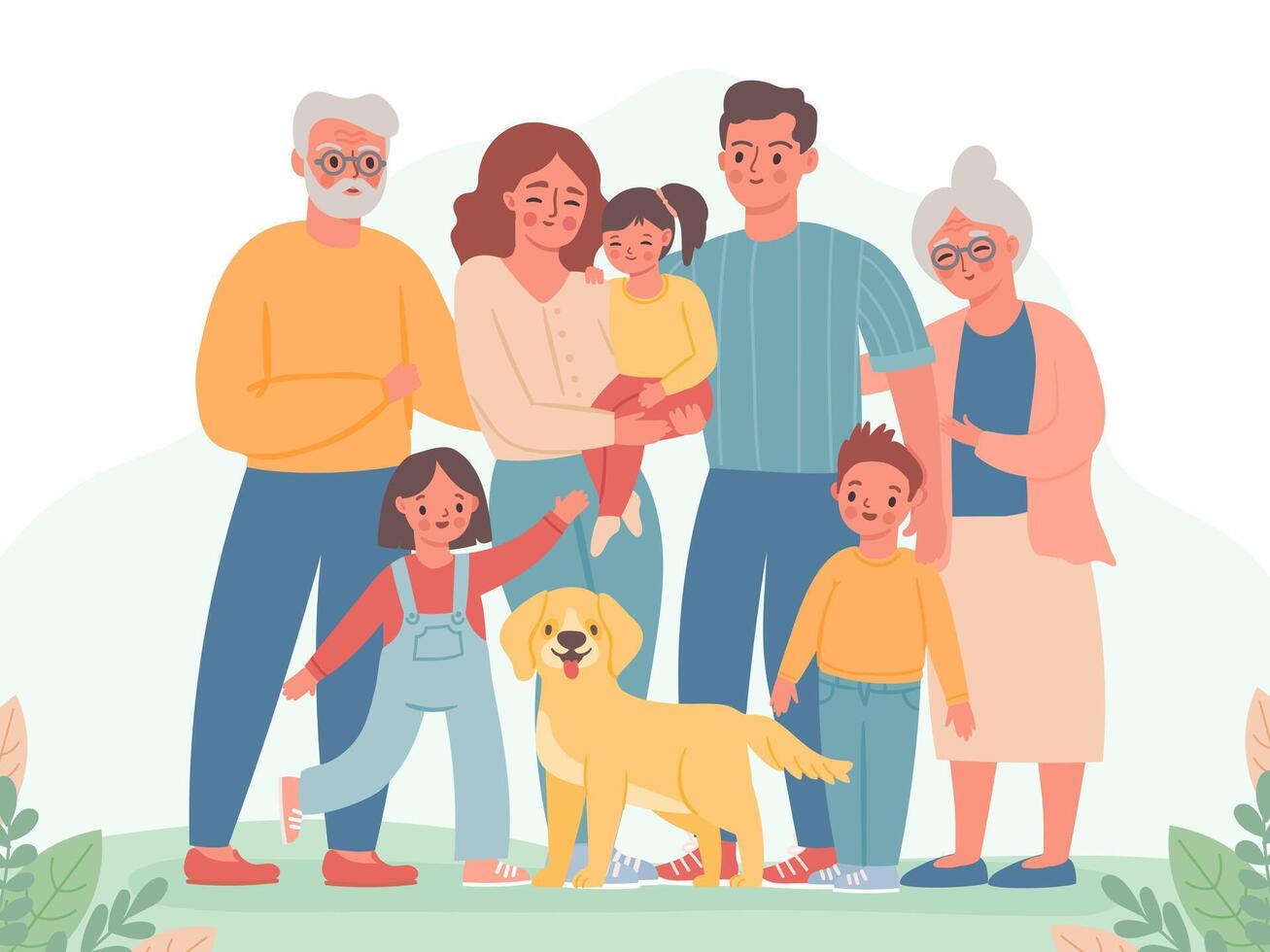 Big family. Happy parents, children, grandma and grandpa. Smiling dad, mom, kids and dog. Three generation standing together vector portrait