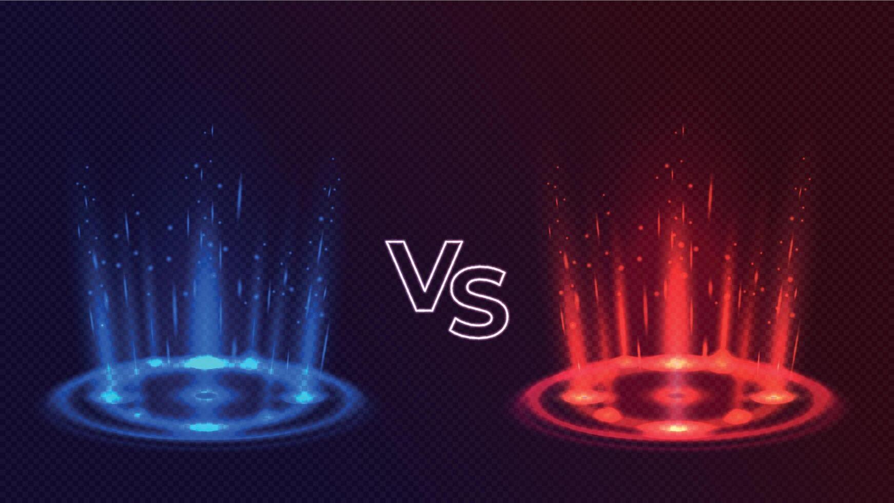 Red versus blue glowing hologram podiums for game battle. Realistic vs competition with light effect. Magic portals for fight vector concept