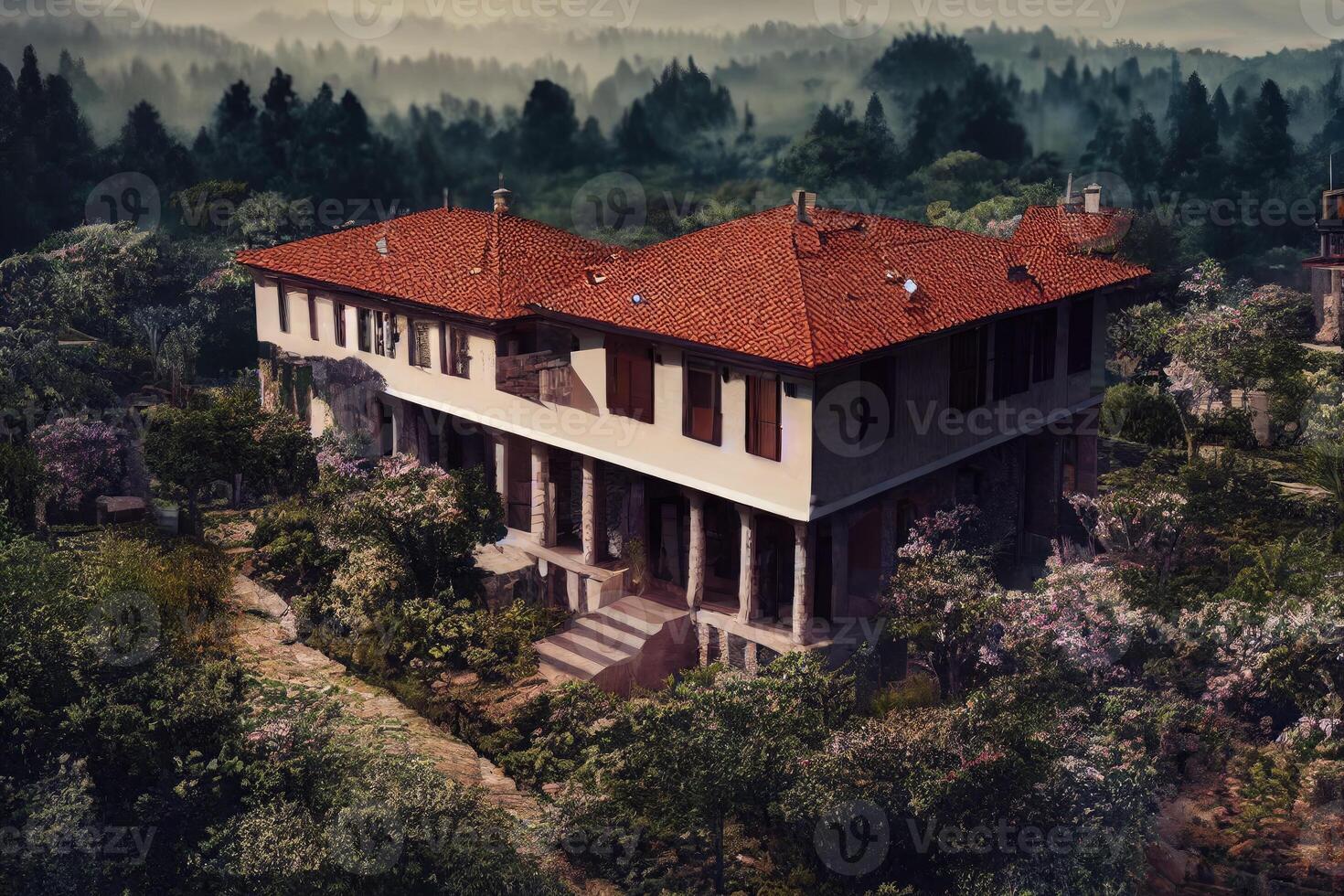 Front view of modern designed villa or residential house in tropical style, Generative AI illustration photo