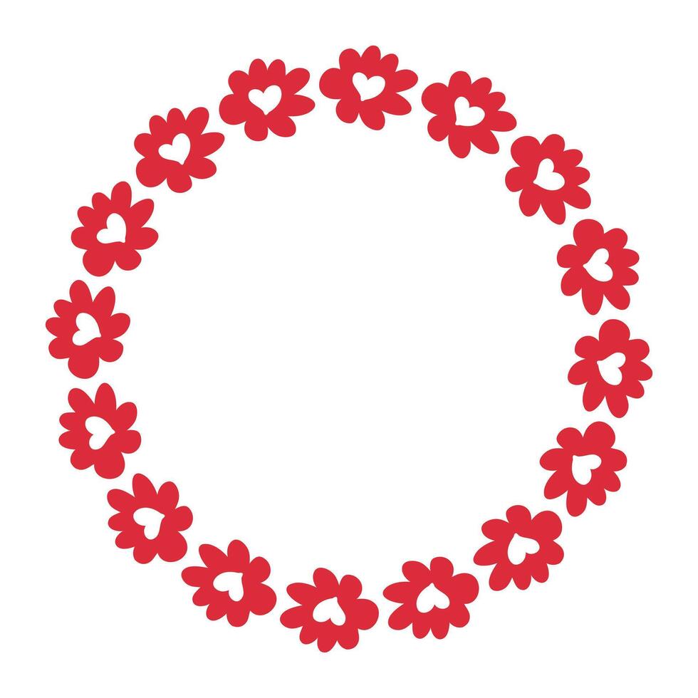 Doodle wreath with red heart flowers. Simple print for card, sticker, invitation, poster. Hand drawn vector illustration for decor and design.