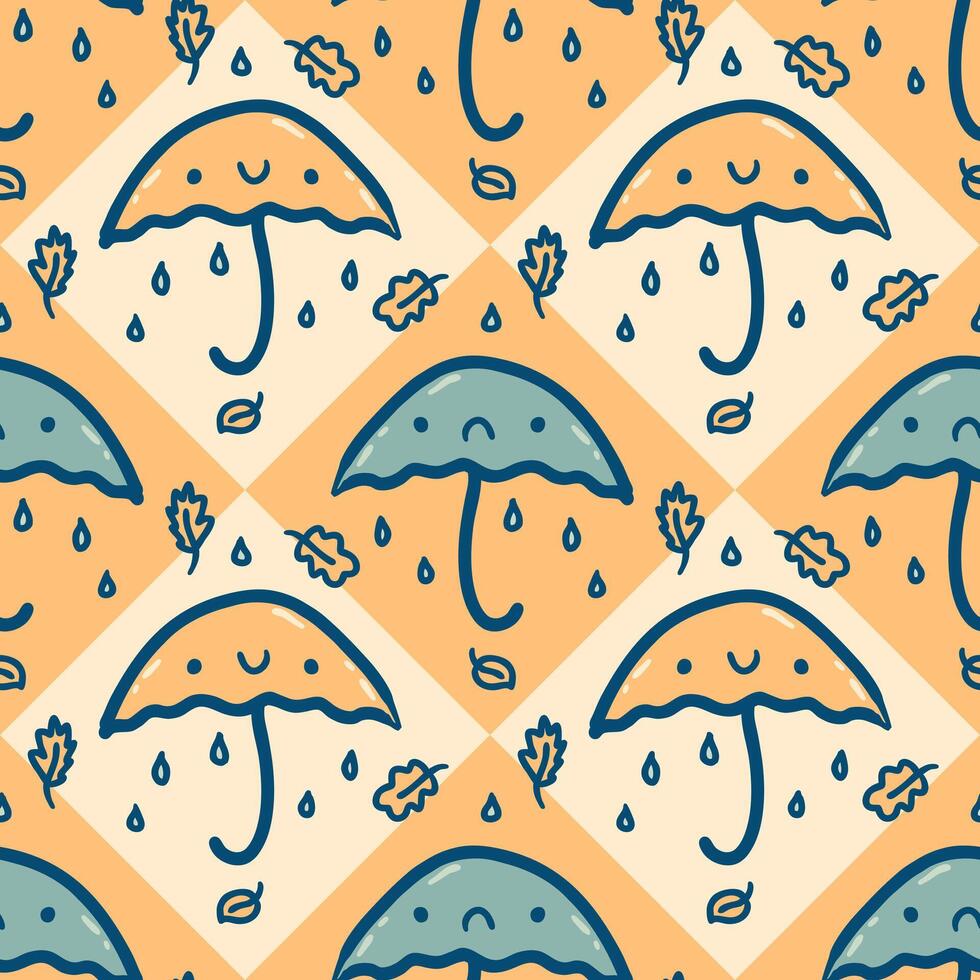 Autumn harmony seamless pattern with rainy umbrellas and leaves. Perfect season design for paper, textile and fabric. Hand drawn vector illustration.
