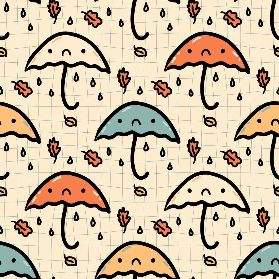 Weave seamless pattern with doodle umbrellas and leaves on trippy grid background. Perfect autumn design for paper, textile and fabric. Hand drawn vector illustration.