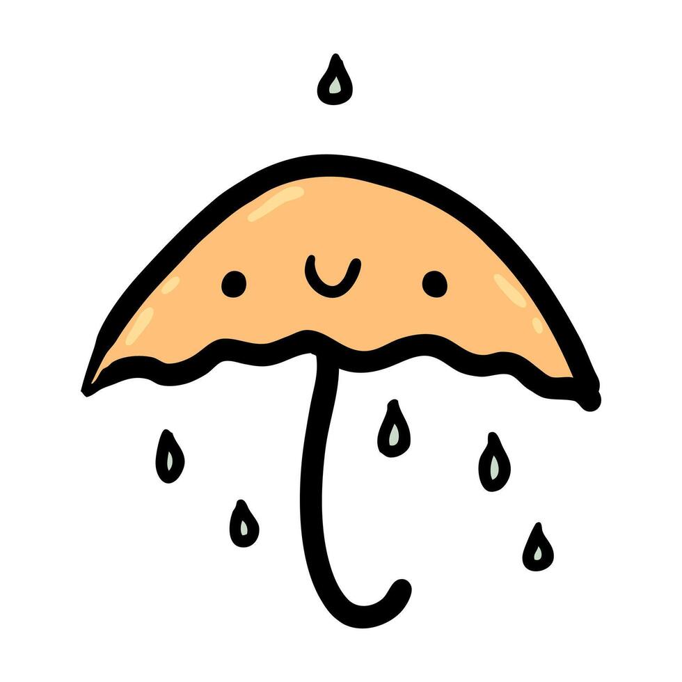 Happy umbrella and rainy drops hand drawn isolated vector illustration. Perfect design for posters, cards, stickers, print.